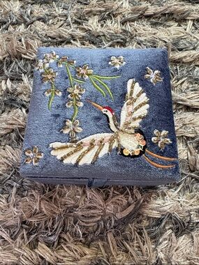 Hand Crafted Gray Embroidered Crane Box with Gold Accents